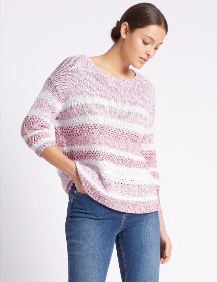 Marks & Spencer Cotton Blend Striped Round Neck Jumper Pink Mix