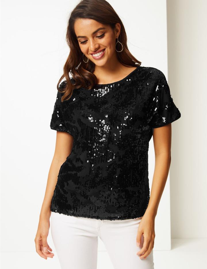 Marks & Spencer Sparkly Round Neck Short Sleeve Top Black