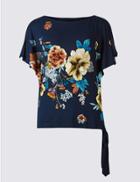Marks & Spencer Floral Print Tie Side Flared Sleeve Blouse Navy Mix