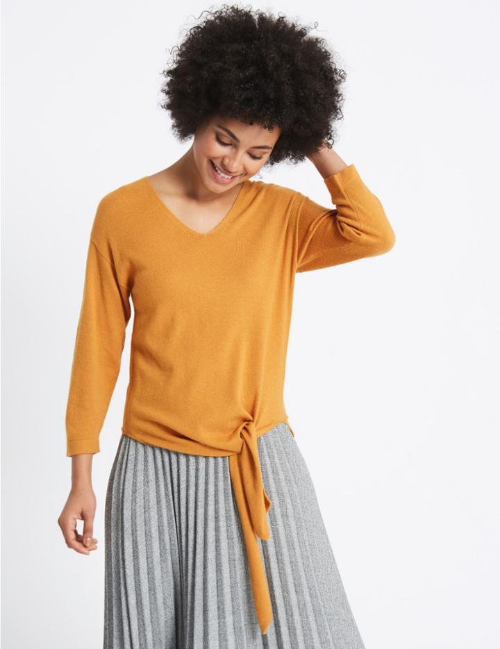 Marks & Spencer Tie Front V-neck Jumper Dark Gold