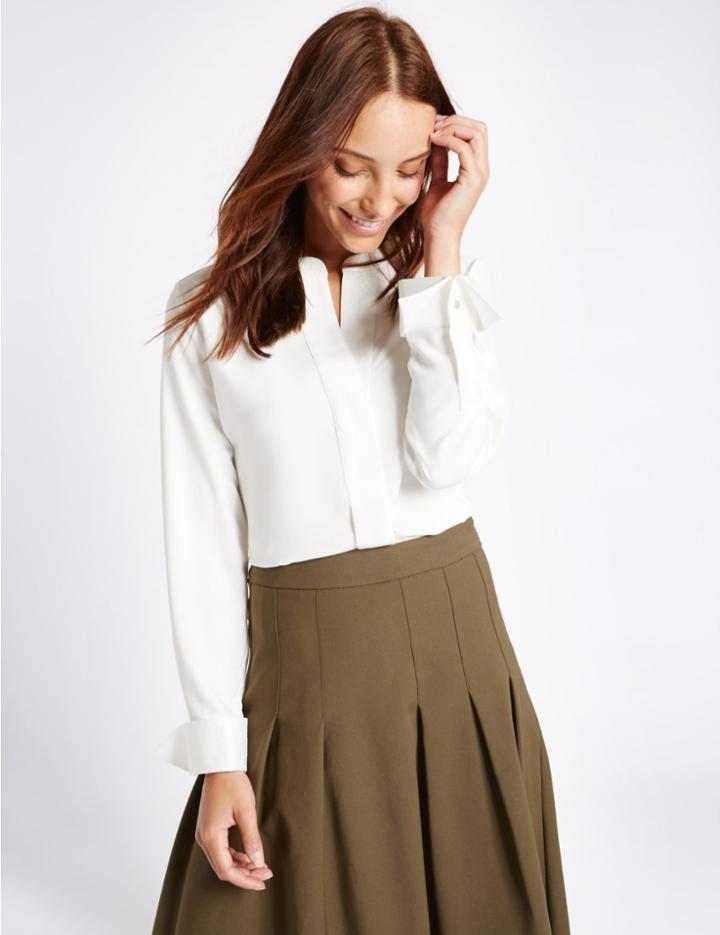 Marks & Spencer Popover Notch Neck Long Sleeve Blouse Ivory
