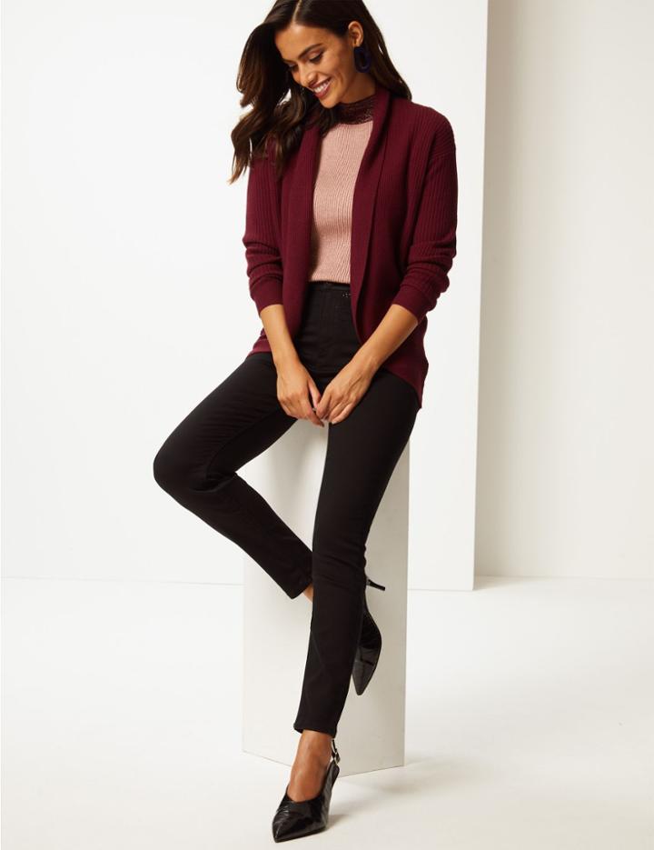 Marks & Spencer Ribbed Open Front Cardigan Dark Burgundy