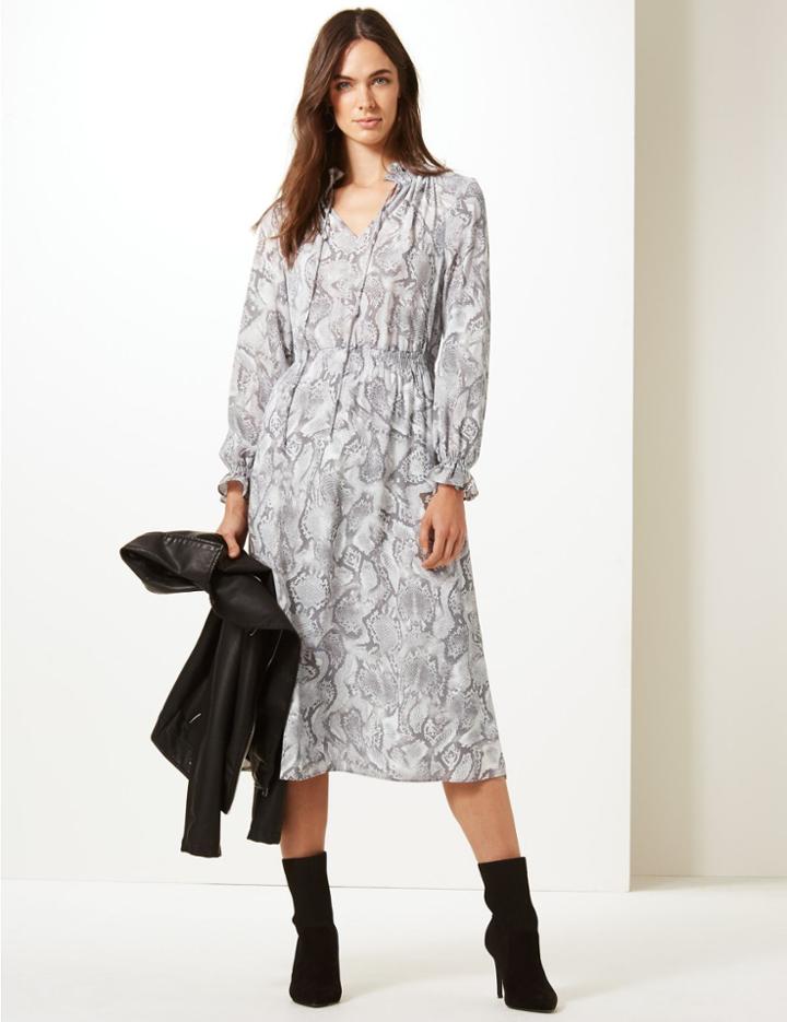 Marks & Spencer Animal Print Long Sleeve Shift Midi Dress Grey Mix