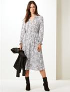 Marks & Spencer Animal Print Long Sleeve Shift Midi Dress Grey Mix