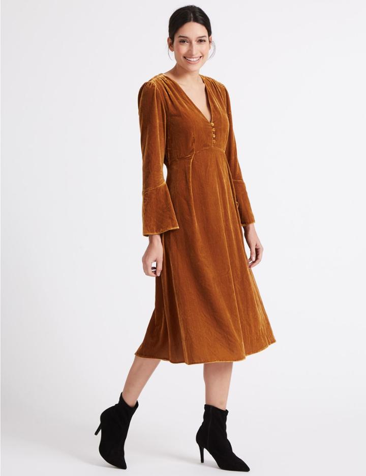 Marks & Spencer Velvet Long Sleeve Tea Midi Dress Gold