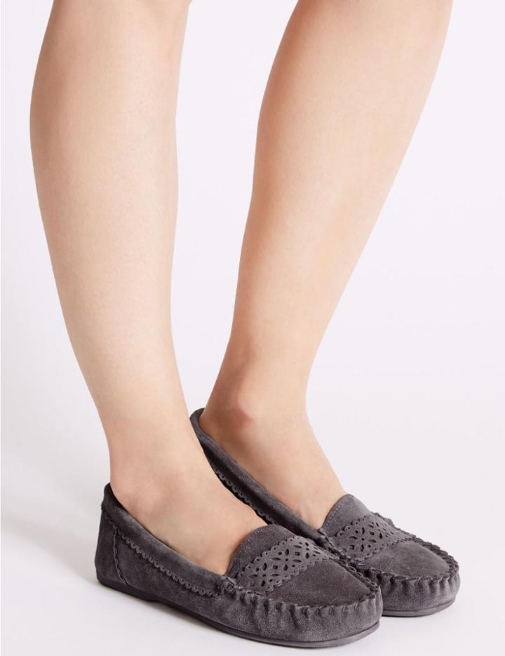Marks & Spencer Suede Laser Detail Moccasin Slippers Grey