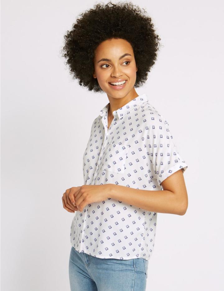 Marks & Spencer Ditsy Print Short Sleeve Shirt Ivory Mix