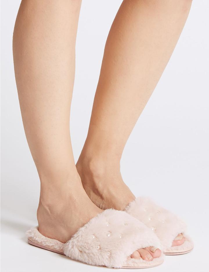 Marks & Spencer Pearl Detail Fur Mule Slippers Pale Blush