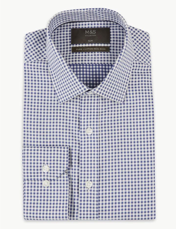 Marks & Spencer Pure Cotton Slim Fit Non-iron Shirt Navy Mix