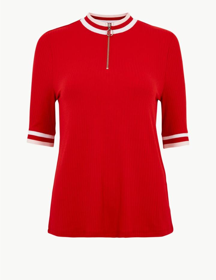 Marks & Spencer Textured High Neck Short Sleeve T-shirt Red