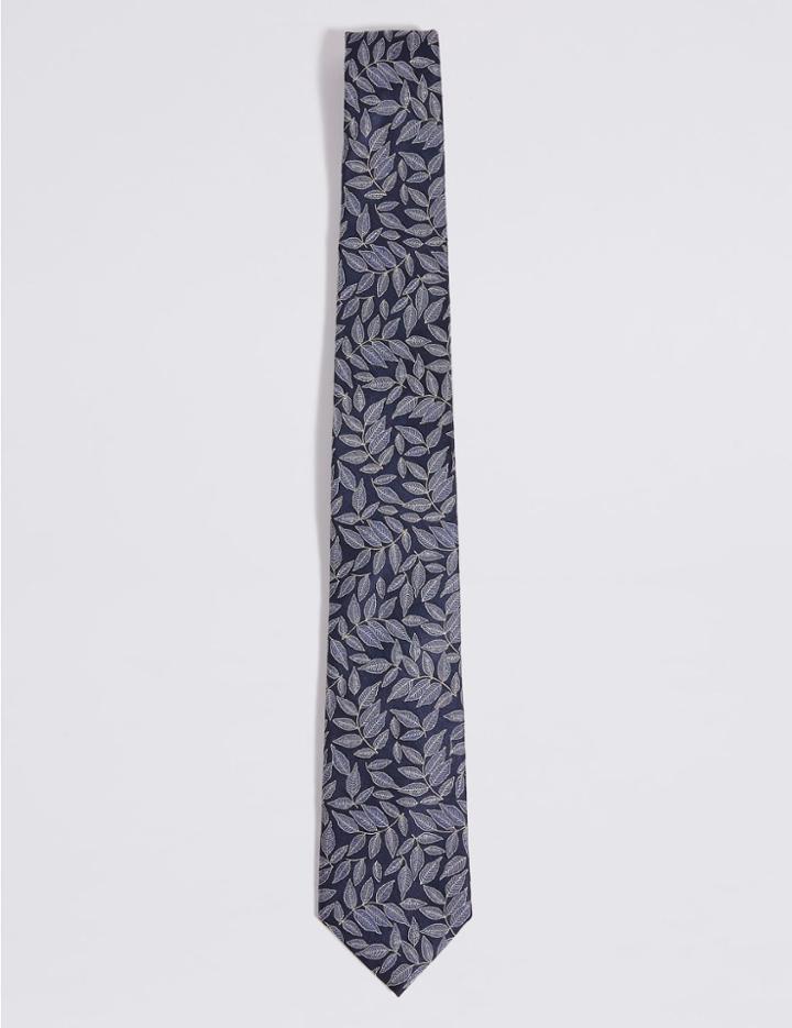 Marks & Spencer Pure Silk Printed Tie Indigo Mix