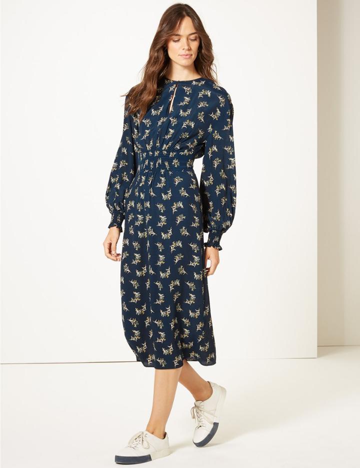 Marks & Spencer Long Sleeve Skater Midi Dress Navy Mix