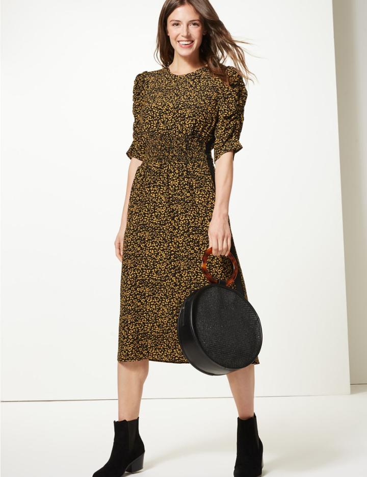 Marks & Spencer Animal Print Waisted Midi Dress Yellow Mix