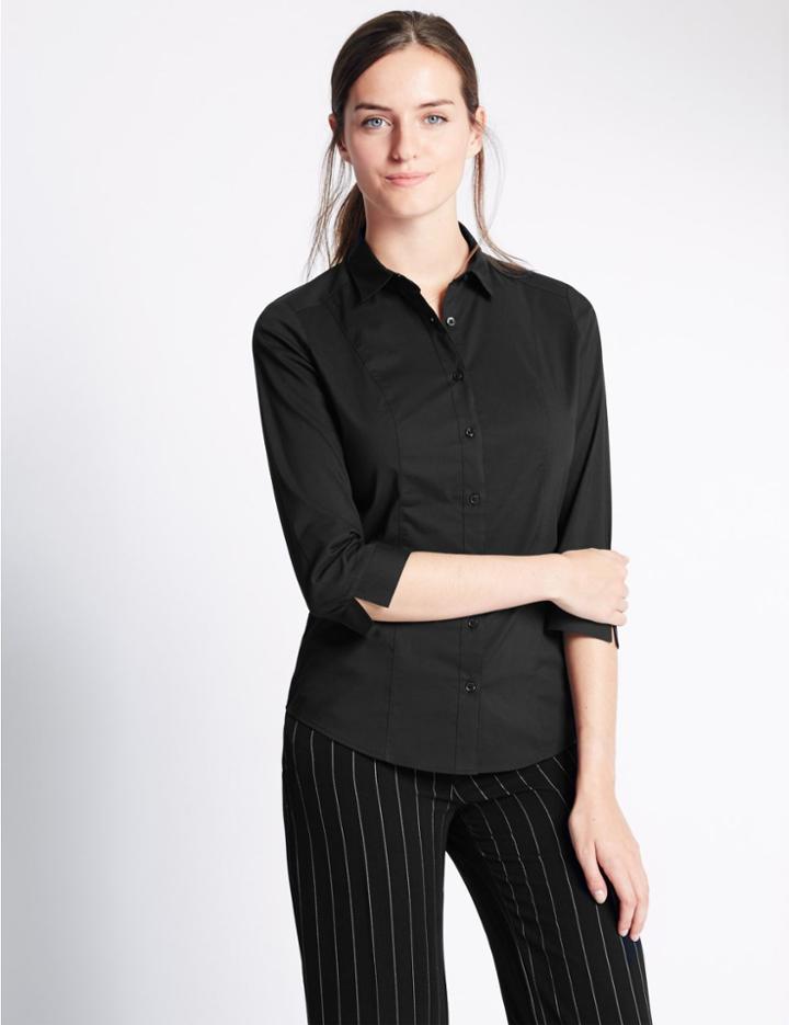 Marks & Spencer Cotton Blend 3/4 Sleeve Shirt Black