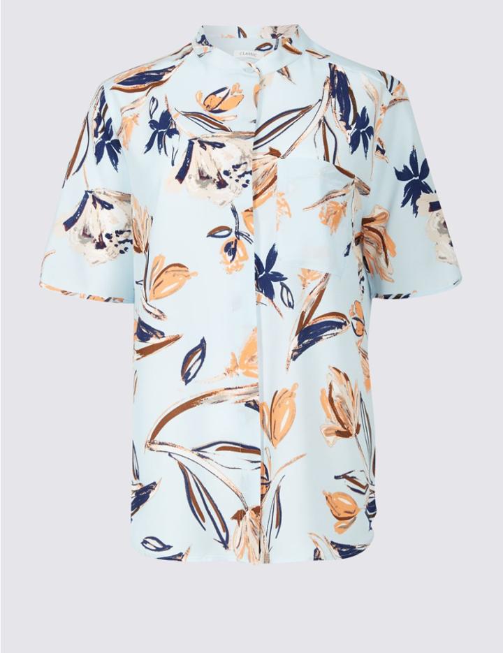 Marks & Spencer Floral Print Half Sleeve Shirt Ice Blue