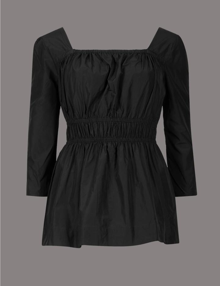Marks & Spencer Gathered Square Neck 3/4 Sleeve Blouse Black