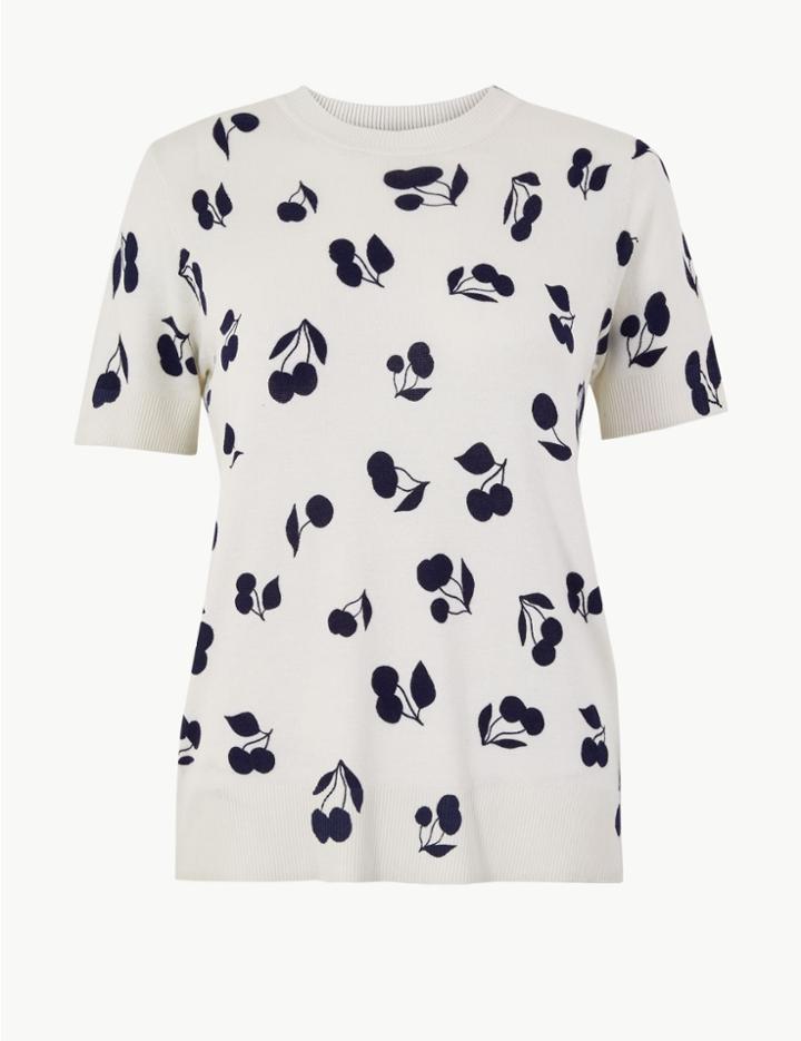 Marks & Spencer Printed Short Sleeve Knitted Top Cream Mix