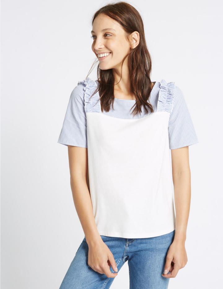 Marks & Spencer Modal Blend Striped Ruffle Shoulder T-shirt Blue Mix