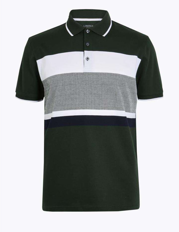 Marks & Spencer Cotton Striped Polo Shirt Dark Green