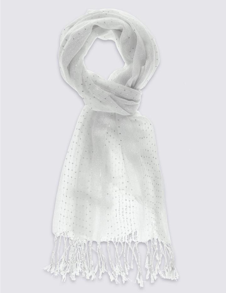 Marks & Spencer Sequin Embellished Striped Scarf Cream