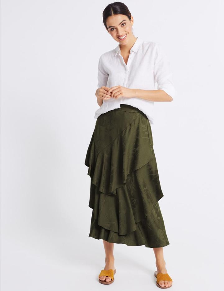 Marks & Spencer Printed Ruffle Front Pencil Midi Skirt Khaki
