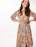 Marks & Spencer Animal Print Long Sleeve Shirt Midi Dress Orange Mix