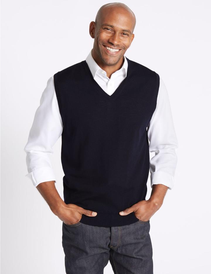 Marks & Spencer Pure Merino Wool Slipover Jumper Navy