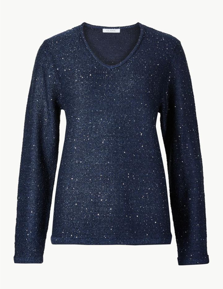 Marks & Spencer Sequin V-neck Jumper Navy