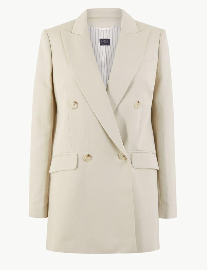 Marks & Spencer Linen Rich Double Breasted Longline Blazer Stone
