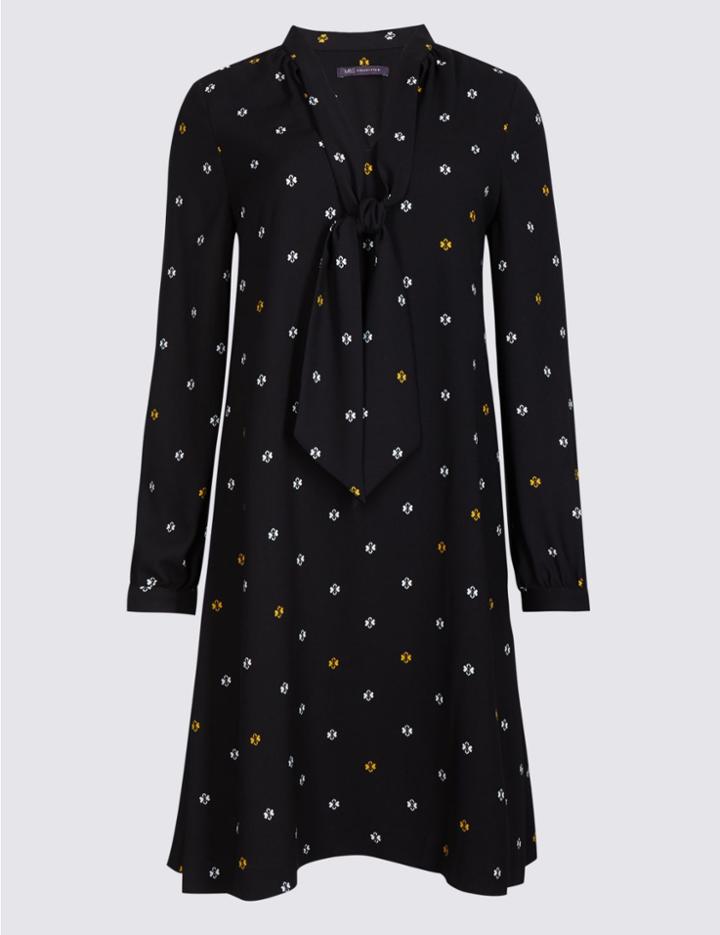 Marks & Spencer Printed Notch Neck Long Sleeve Swing Dress Black Mix