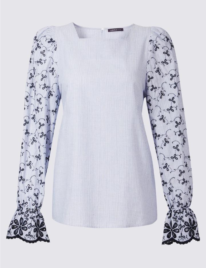 Marks & Spencer Flared Cuff Cutwork Sleeve Blouse Blue Mix