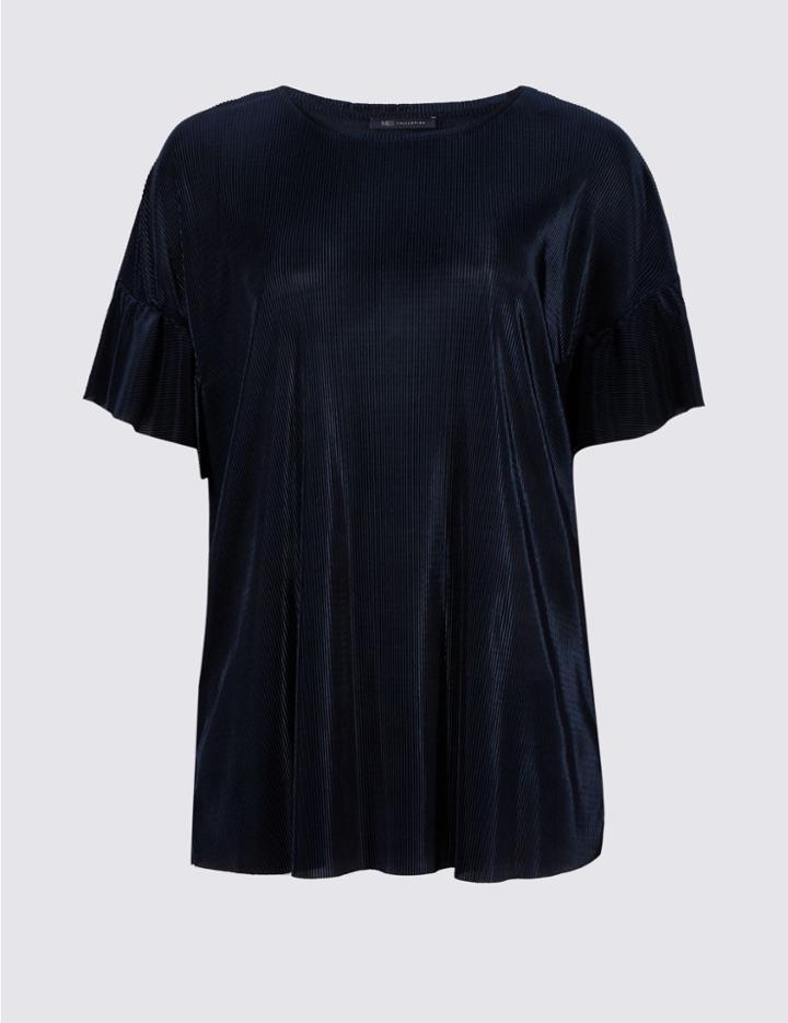 Marks & Spencer Curve Textured Ruffle Sleeve T-shirt Navy