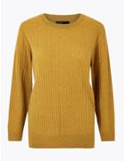 Marks & Spencer Pure Cashmere Ribbed Round Neck Jumper Mustard