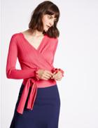 Marks & Spencer Ribbed Wrap Tie Front V-neck Cardigan Bright Pink
