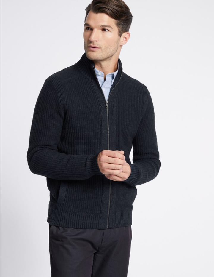 Marks & Spencer Pure Cotton Textured Zip Through Cardigan Navy