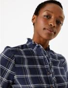 Marks & Spencer Cotton Rich Checked Longline Shirt Navy Mix