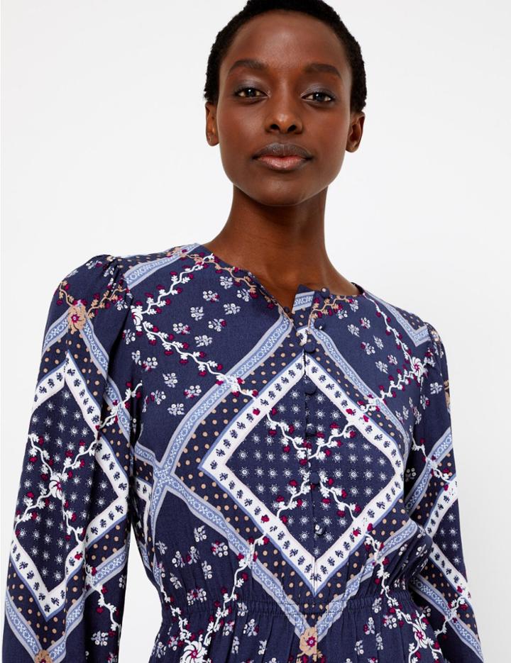 Marks & Spencer Patchwork Printed Waisted Midi Dress Blue Mix