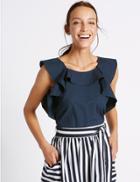 Marks & Spencer Pure Cotton Poplin Ruffle Sleeveless Blouse Navy