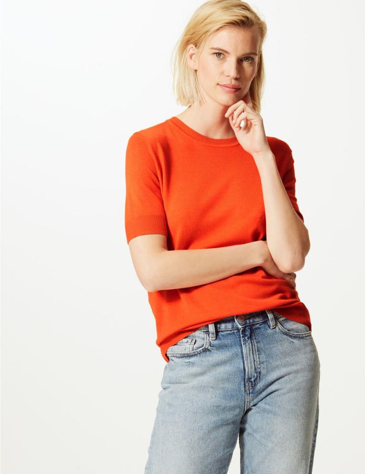 Marks & Spencer Round Neck Short Sleeve Knitted Top Mango