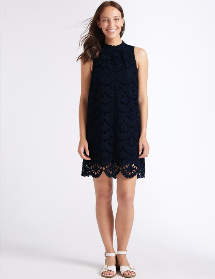 Marks & Spencer Pure Cotton Embroidered Tunic Dress Navy