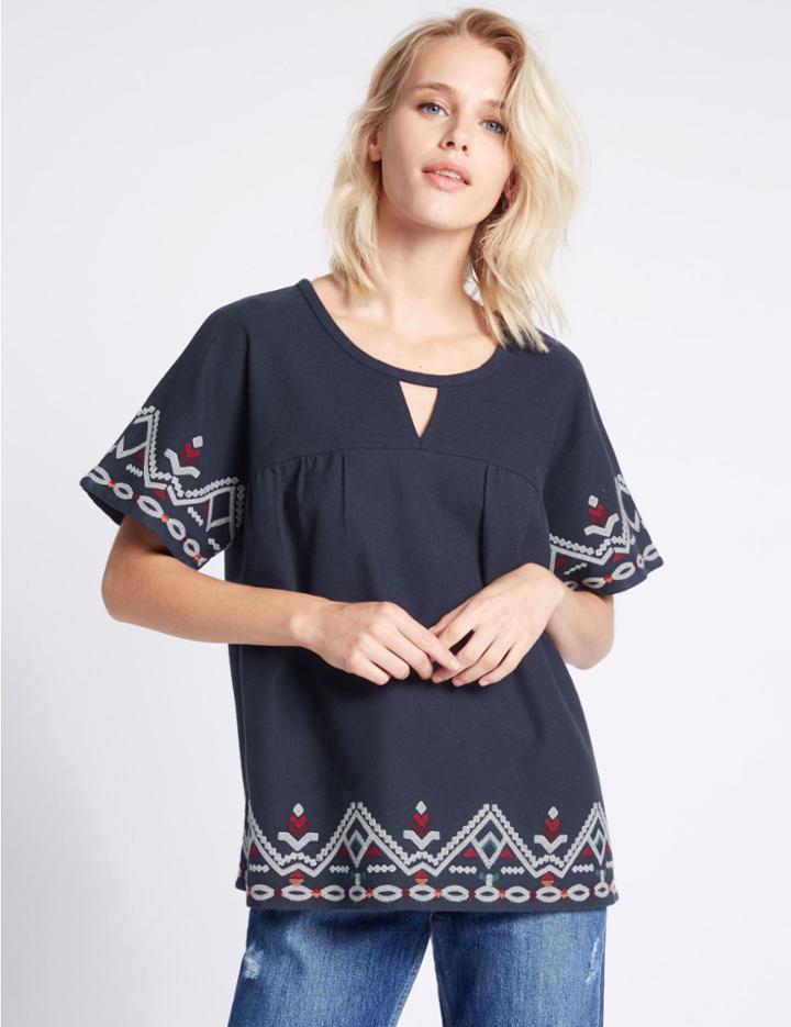Marks & Spencer Pure Cotton Embroidered Shell Top Navy Mix