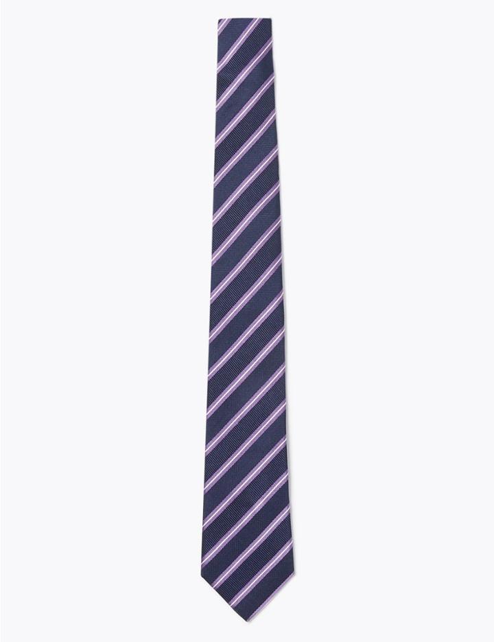 Marks & Spencer Silk Slim Striped Tie Purple Mix