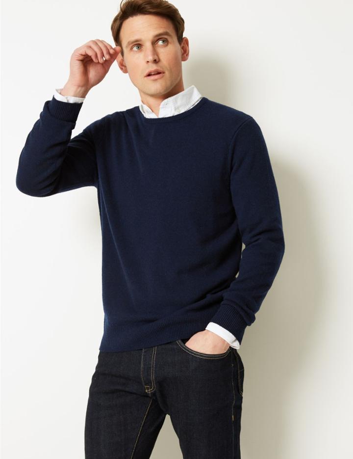 Marks & Spencer Pure Lambswool Crew Neck Jumper Navy