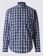 Marks & Spencer Pure Cotton Checked Shirt With Pocket Blue