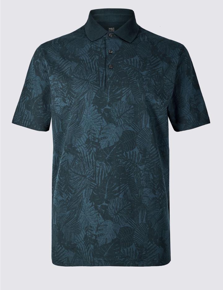 Marks & Spencer Pure Cotton Floral Print Polo Shirt Navy Mix