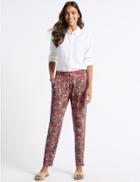 Marks & Spencer Leaf Print Mid Rise Tapered Peg Trousers Pink Mix