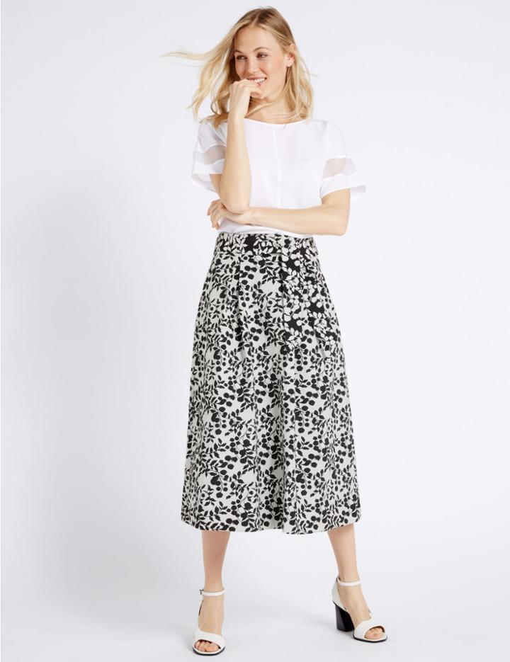 Marks & Spencer Cotton Blend Floral Print A-line Midi Skirt Cream Mix