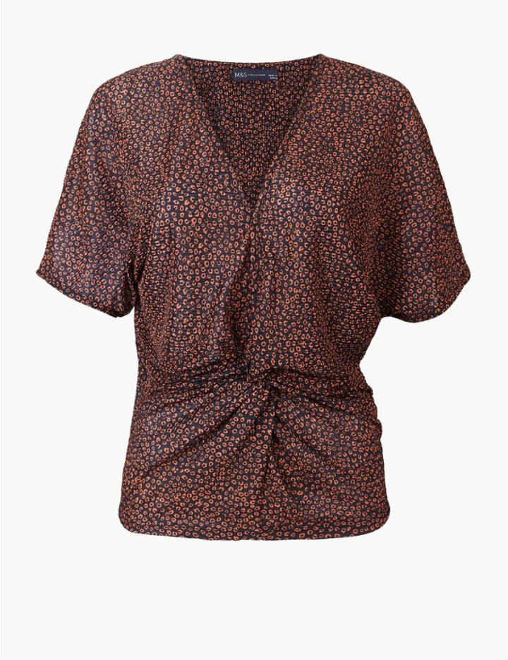 Marks & Spencer Animal Print V-neck Short Sleeve Shell Top Brown Mix