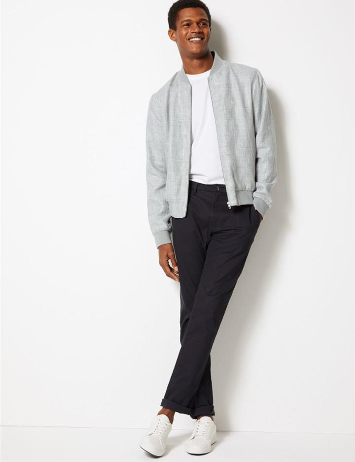 Marks & Spencer Pure Linen Checked Bomber Jacket Light Grey