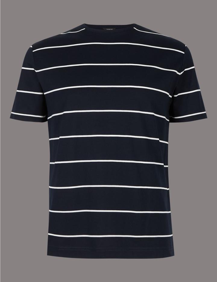 Marks & Spencer Slim Fit Pure Cotton Striped T-shirt Dark Navy